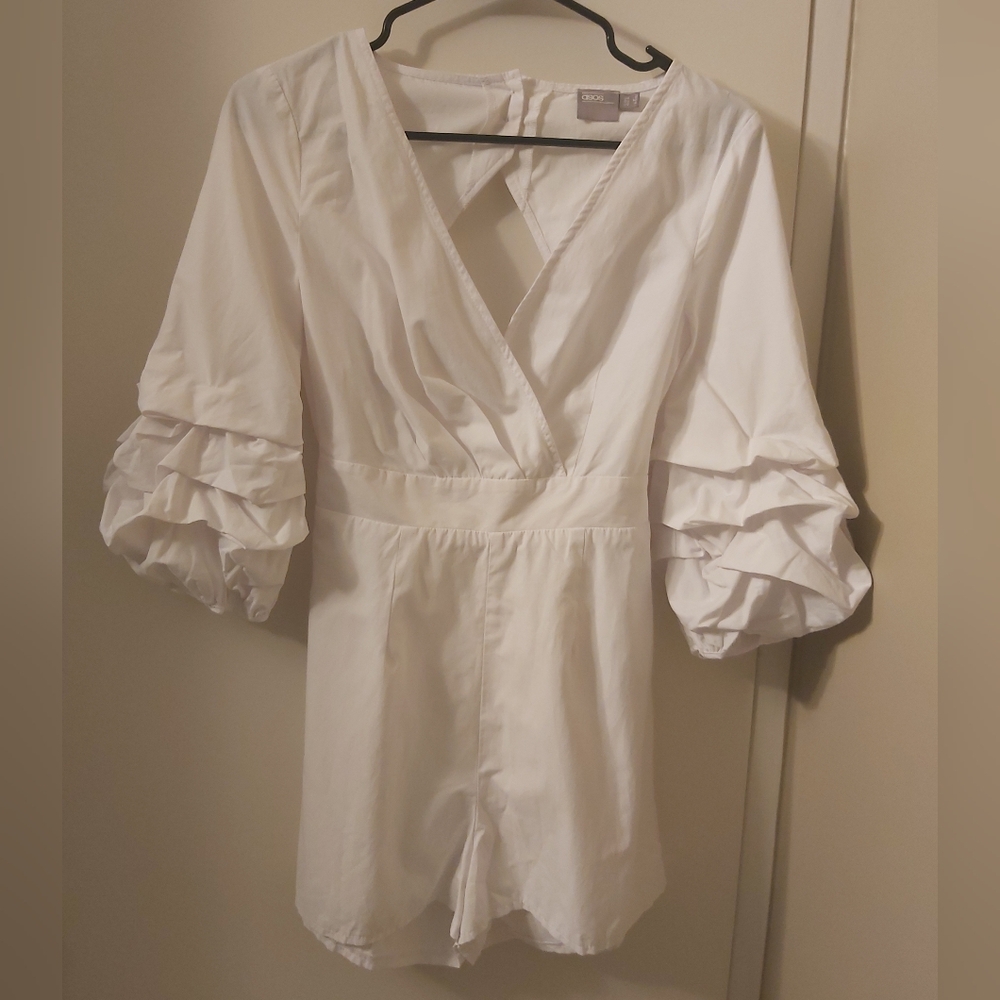 ASOS White Ruffled Cotton Blend Romper, Size 4